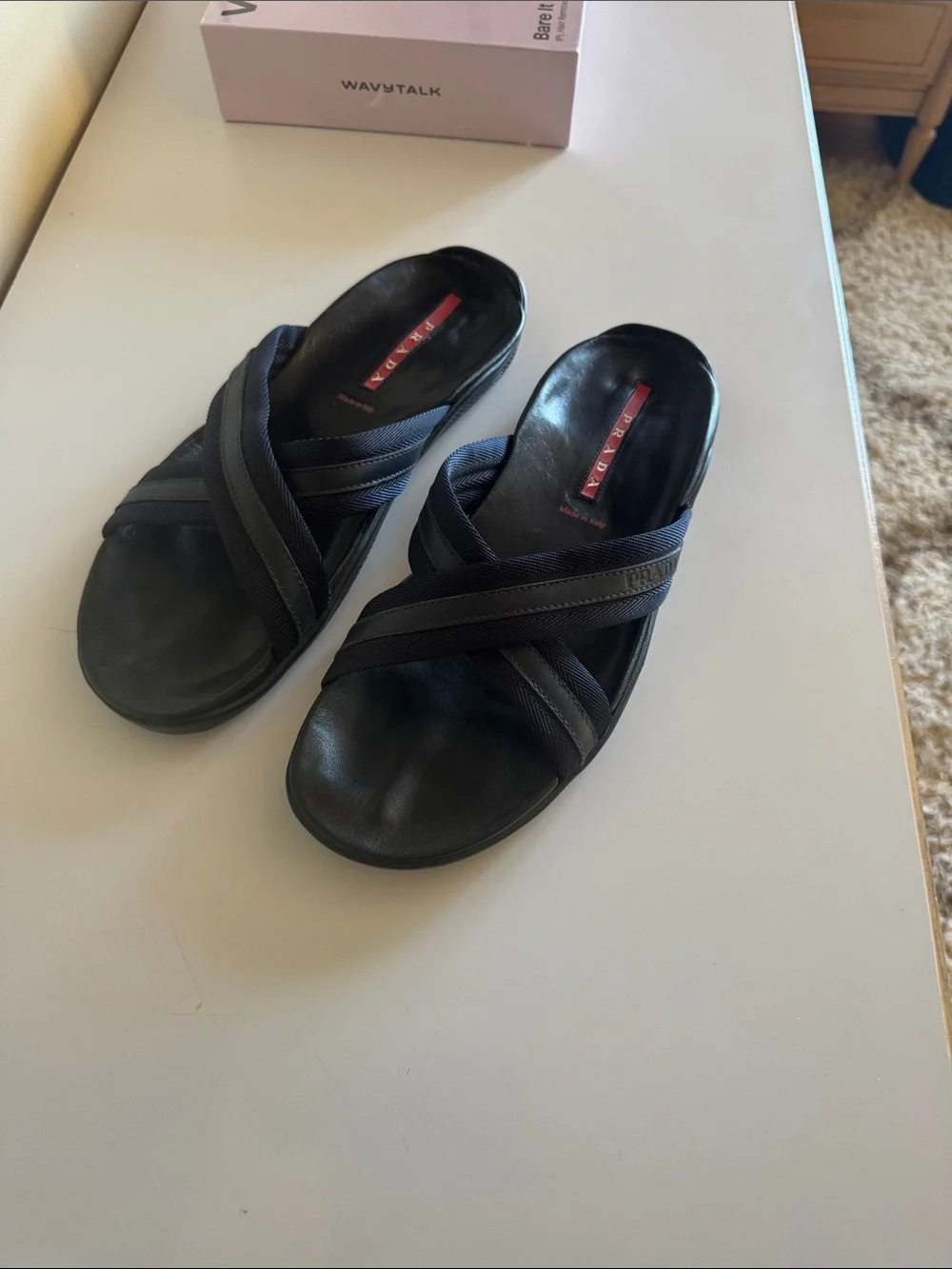 Prada Black and Navy Cross-Strap Slide Sandals